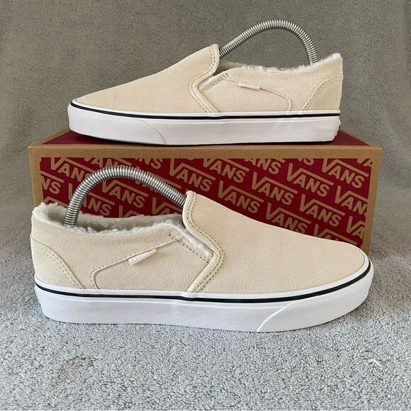 Vans Womens 10 Asher Suede Sherpa Classic Slip On Shoes VN0A5JLJBRC Birch Ivory - Picture 1 of 8